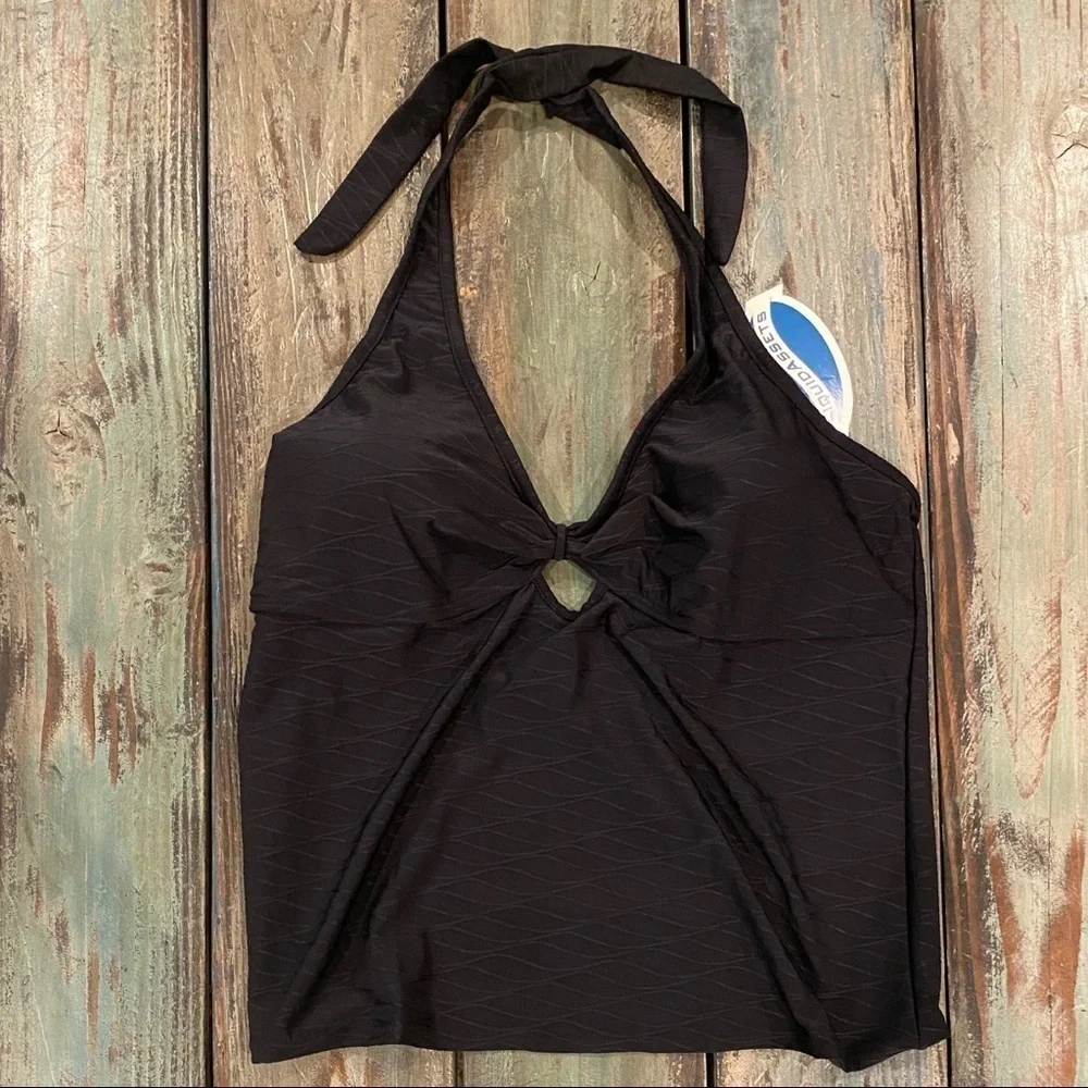 Tankini NWT Liquid Assets Keyhole Built-In Cups Black Halter Swimsuit Top Sz 16 - Picture 7 of 9